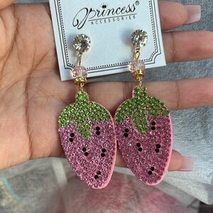 New! Pink and Green Rhinestone Strawberry Earrings
